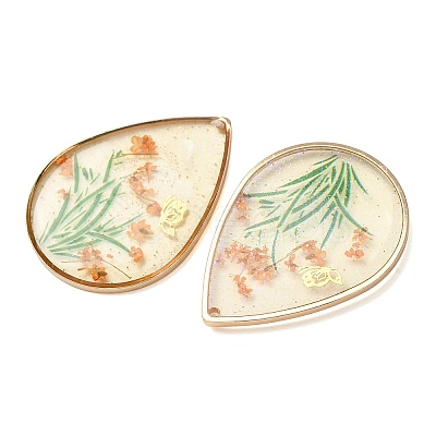 Brass & Transparent Epoxy Resin & Dried Flower Pendants RESI-G133-02G-03-1