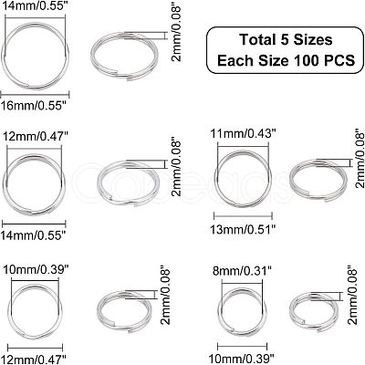 Unicraftale 500pcs 5 Style 304 Stainless Steel Split Rings STAS-UN0026-11-1