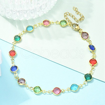 304 Stainless Steel Flat Round Acrylic Rhinestone Cup Chain Anklets for Women AJEW-B031-02G-02-1