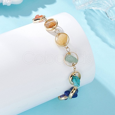 Chakra Brass Ring Link & Natural & Synthetic Mixed Gemstone Chips Beads Link Bracelets BJEW-TA00717-01-1