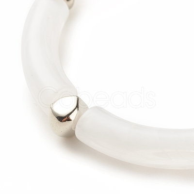 White Acrylic Curved Tube Chunky Stretch Bracelet with CCB Plastic for Women BJEW-JB08126-01-1