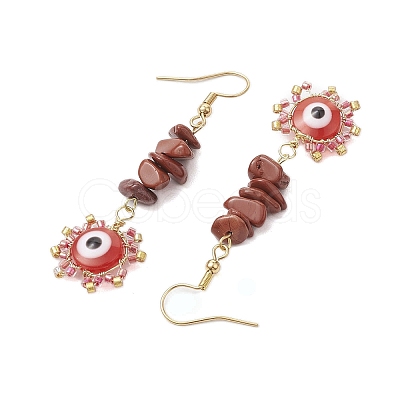 Evil Eye Natural Red Jasper Chip & Seed Beads Dangle Earrings EJEW-MZ00166-03-1
