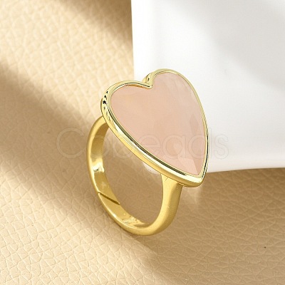 Heart Brass Natural Rose Quartz Finger Rings X-RJEW-D304-01G-B-1