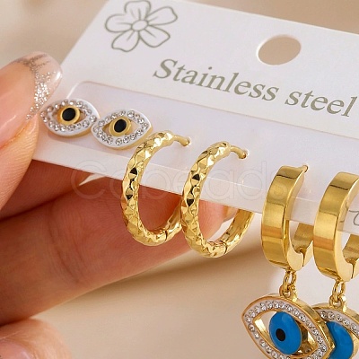 3 Pairs Evil Eye 304 Stainless Steel Enamel Hoop & Stud Earring Sets EJEW-Z166-02G-02-1