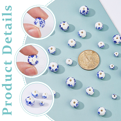 100Pcs 4 Colors Floral Printed Porcelain Beads PORC-DC0001-16B-1