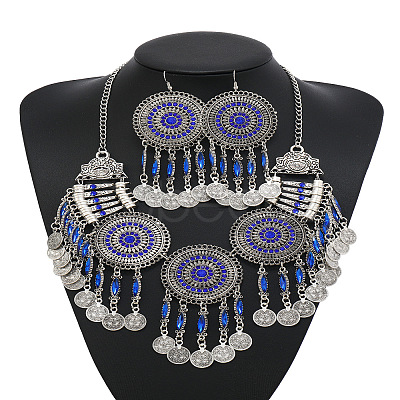 Flat Round Alloy Rhinestone Pendant Necklaces & Dangle Earrings Sets for Women FS-WG4A221-06-1