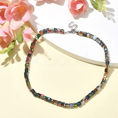 Glass Cube Beaded Necklace with 304 Stainless Steel Clasps NJEW-JN04400-1
