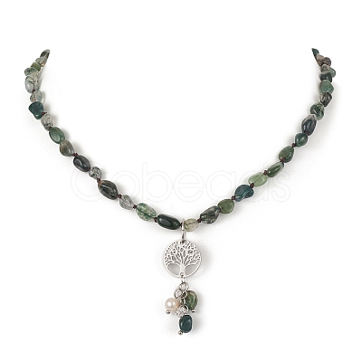 Natural Moss Agate & Pearl & Cubic Zirconia Tree of Life Pendant Necklace NJEW-JN04335-02-1