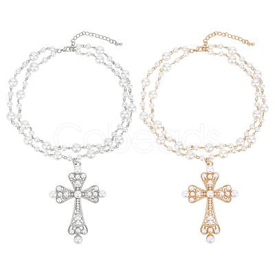 2Pcs 2 Styles Iron & Alloy Cross Big Pendant Plastic Pearl Link Chain Double Layered Necklaces NJEW-ME0001-23-1