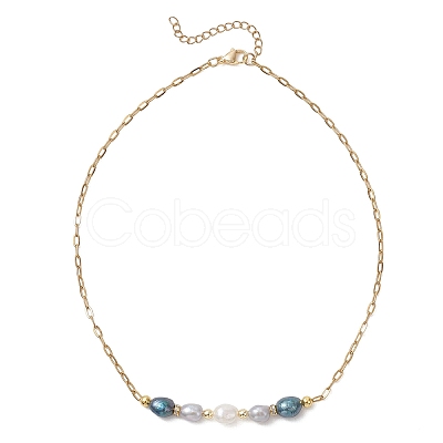 Natural Pearl Rice Beaded Necklaces with 304 Stainless Steel Paperclip Chains NJEW-JN05977-01-1