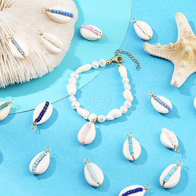 24Pcs 4 Colors Natural Cowrie Shell & Glass Seed Beads Copper Wire Wrapped Pendants FIND-SC0019-11-1