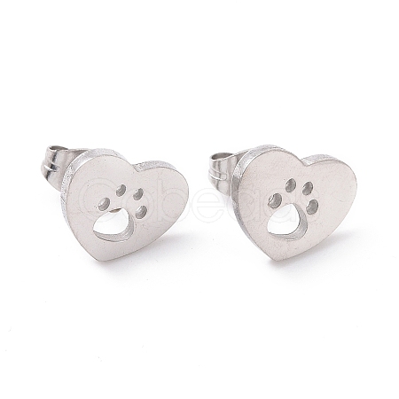 Tarnish Resistant 304 Stainless Steel Heart with Dog Paw Print Stud Earrings for Women EJEW-G328-02P-1