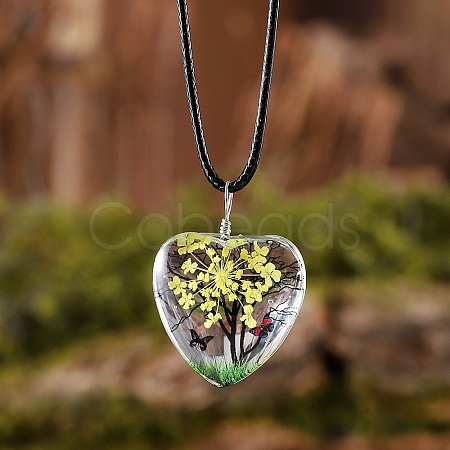 Heart Glass with Dried Flower Tree Inner Pendant Black Waxed Cord Necklaces FS-WG87A6D-09-1