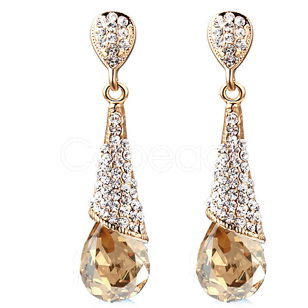 Real 18K Gold Plated Brass Rhinestone Teardrop Stud Earrings EJEW-EE0001-232F-1