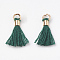 Polycotton(Polyester Cotton) Tassel Pendant Decorations, Mini Tassel, with Brass Findings, Light Gold, Teal, 10~15x3~4mm, Hole: 2mm