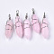 Natural White Jade Pointed Pendants, with Platinum Iron Findings, Wire Wrapped Pointed Pendants, Dyed, Bullet, Pink, 41~43x11~12x10~11mm, Hole: 3~4mm