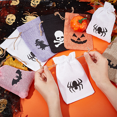 24Pcs 6 Colors Halloween Burlap Packing Pouches Drawstring Bags ABAG-BC0001-49-1