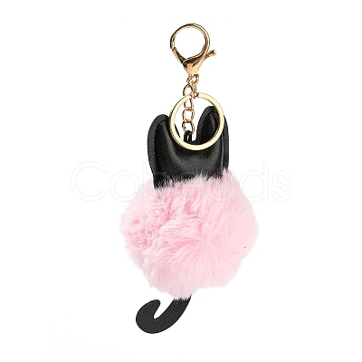 Cute Cat PU Leather & Imitate Rex Rabbit Fur Ball Keychain KEYC-C005-01A-1