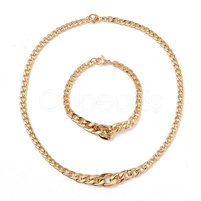 Men's PVD Vacuum Plating 304 Stainless Steel Graduated Cuban Link Chain Necklaces & Bracelets Jewelry Sets SJEW-I207-01G-1