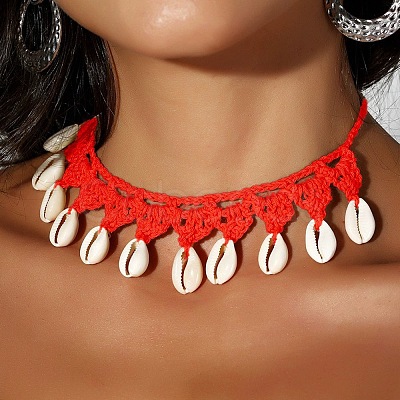 Bohemian Handmade Woven Polyester Cord Natural Cowrie Shell Tassel Choker Necklaces for Women FS-WGB5F2D-01-1