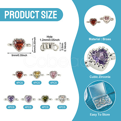 28Pcs 7 Colors Brass Pave Cubic Zirconia Heart Links Connector Charms KK-TA0003-47-1