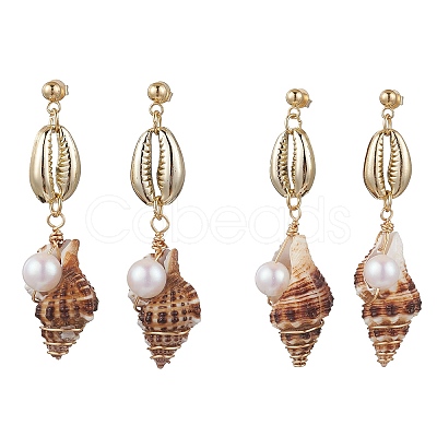 Alloy Natural Shell Beaded Dangle Stud Earrings EJEW-JE06268-1