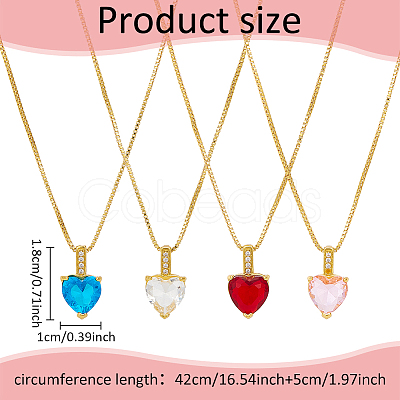 ANATTASOUL 4Pcs 4 Colors Cubic Zirconia Heart Pendant Necklaces Set with Golden Brass Box Chains NJEW-AN0001-78-1