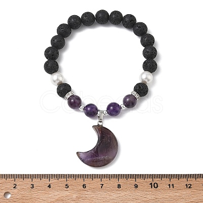 Natural Amethyst & Lava Rock & Shell Pearl Charm Bracelets BJEW-JB13705-1