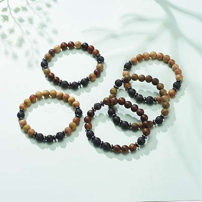 Natural Lava Rock & Wood Beaded Stretch Bracelet BJEW-JB08534-02-1