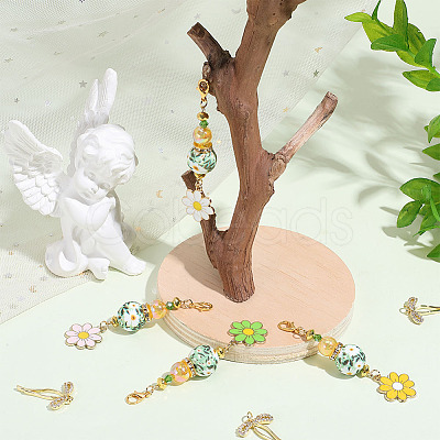 4Pcs Flower Glass Seed & Alloy & Enamel Pendant Decorations HJEW-DR00311-1