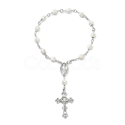 Acrylic Round with Cross Pattern Beaded Charm Bracelets for Women BJEW-JB11347-01-1
