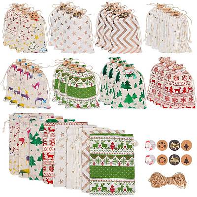 32Pcs 8 Styles Christmas Rectangle Printed Cotton & Linen Candy Gift Drawstring Bags ABAG-BC0001-48-1