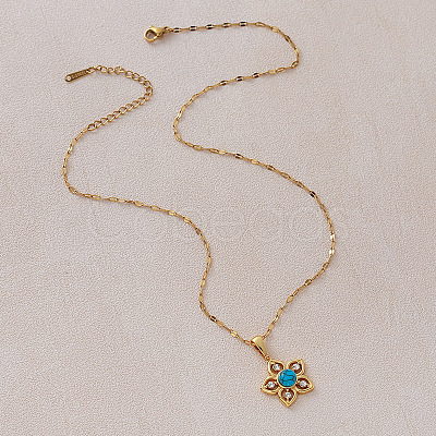 Vintage 304 Stainless Steel & Synthetic Turquoise Flower Pendant Necklaces with Crystal Rhinestone for Women LS-RQ4537-1
