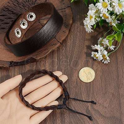 2Pcs 2 Styles Adjustable Cowhide Leather Cord Braided Bracelets BJEW-CL0001-15-1