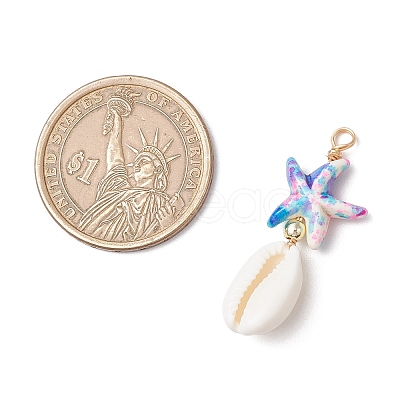Dyed Synthetic Turquoise Starfish & Natural Cowrie Shell Pendants PALLOY-JF03932-1