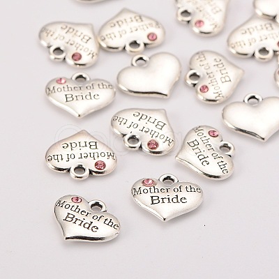 Wedding Theme Antique Silver Tone Tibetan Style Alloy Heart with Mother of the Bride Rhinestone Charms TIBEP-N005-18A-1