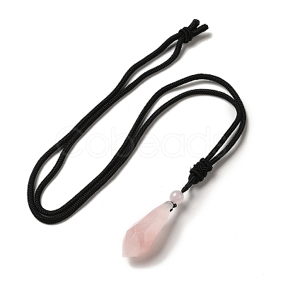 Cone Natural Rose Quartz Pendant Necklace with Nylon Rope for Women G-H286-08C-1