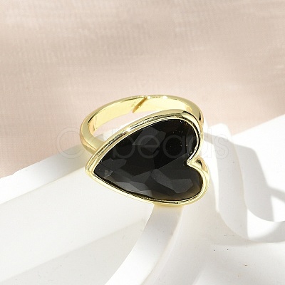 Heart Brass Natural Obsidian Finger Rings X-RJEW-D304-01G-G-1