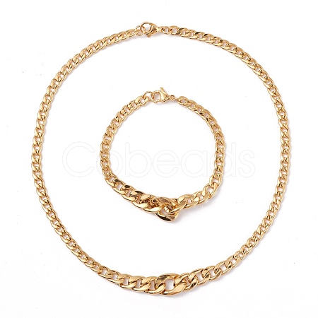 Men's PVD Vacuum Plating 304 Stainless Steel Graduated Cuban Link Chain Necklaces & Bracelets Jewelry Sets SJEW-I207-01G-1
