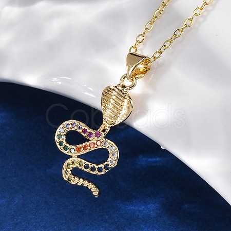Brass Micro Pave Colorful Cubic Zirconia Snake Pendant Necklaces NJEW-S438-02H-G-1