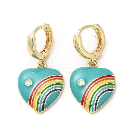 Heart with Rainbow Real 18K Gold Plated Brass Dangle Hoop Earrings EJEW-L268-042G-05-1