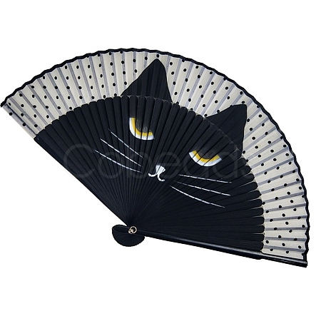 Cat Pattern Bamboo with Satin Folding Fan WOCR-PW0005-01A-01-1