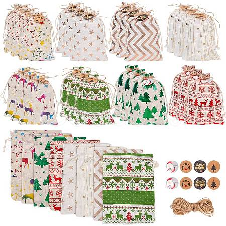 32Pcs 8 Styles Christmas Rectangle Printed Cotton & Linen Candy Gift Drawstring Bags ABAG-BC0001-48-1