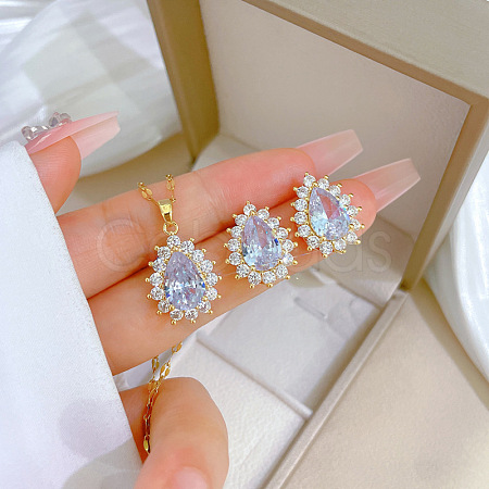 Brass Micro Pave Cubic Zirconia Pendant Necklace & Stud Earrings WG7AC39-48-1