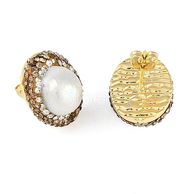 Rack Plating Oval Brass With Rhinestone & Natural Pearl Handmade Indonesia Stud Earrings EJEW-U010-02B-G-1