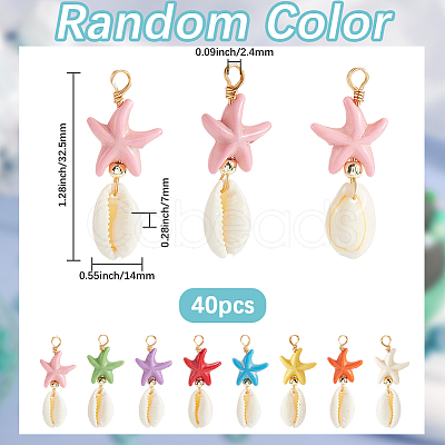 40Pcs Starfish Dyed Synthetic Turquoise & Natural Cowrie Shell Pendants PALLOY-SC0004-41-1