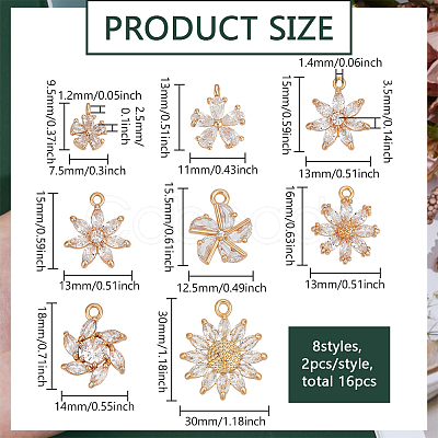 16Pcs 8 Styles Brass Pave Clear Cubic Zirconia Pendants KK-PH0012-76-1