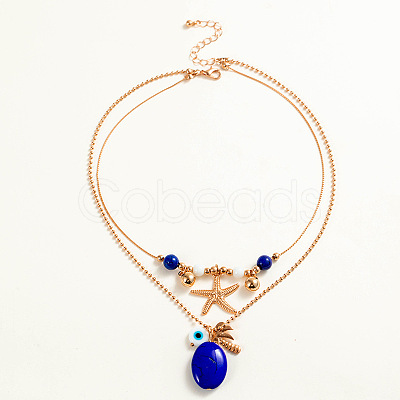 Alloy Starfish Coconut Tree & Oval Resin Pendant Double Layer Necklaces FS-WGC9AA5-01-1