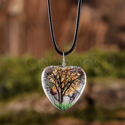 Heart Glass with Dried Flower Tree Inner Pendant Black Waxed Cord Necklaces FS-WG87A6D-05-1