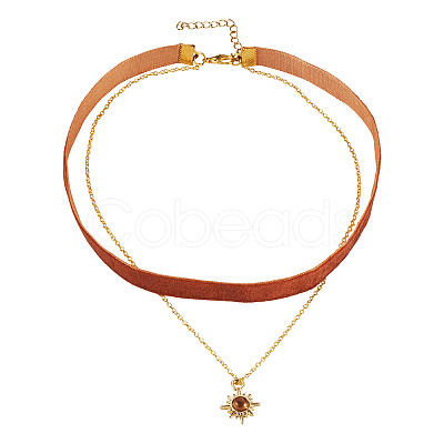 Alloy Resin Sun Pendant Single Face Dark Red Velvet Ribbon & Brass Chain Double Layered Choker Necklaces NJEW-TAC0039-1